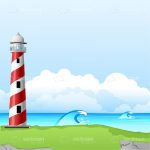 Illustrated Lighthouse on a Green Cliff Edge Over The Sea